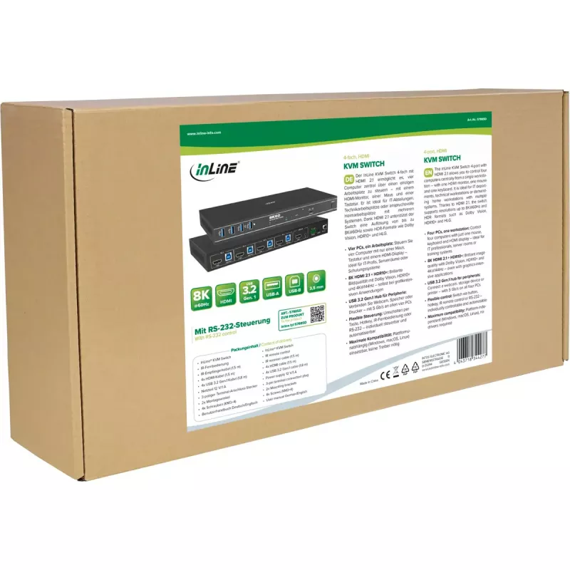 InLine 57885D KVM jungiklis 4 prievadų HDMI 2.1 8K 60Hz montavimui į stelažą, juodas