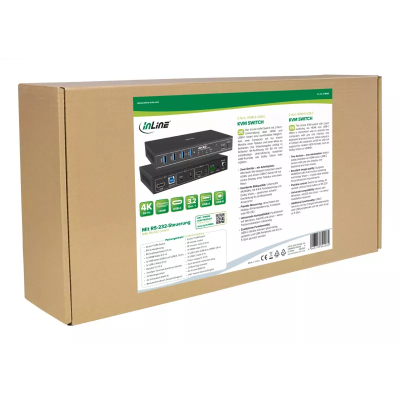 InLine 57885E KVM jungiklis HDMI/USB-C 2 prievadai 4K@60Hz montavimui į stelažą Juodas