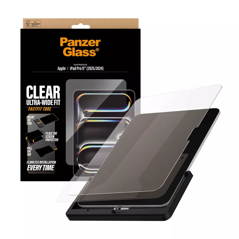 Apsauginis stiklas iPad Pro 11 colių (2024–2025) PanzerGlass – Ultra-Wide Fit, FastFit įrankis