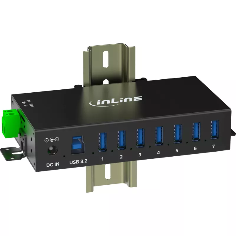 InLine 35396B pramoninis USB 3.2 Gen 1 šakotuvas, 7 prievadai, aliuminio korpusas, juodas