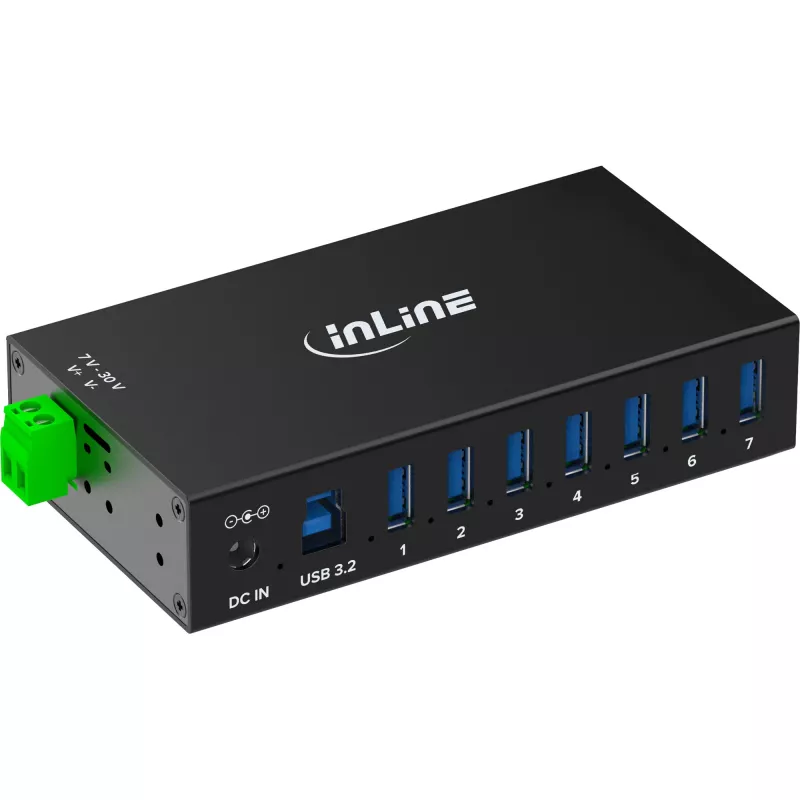 InLine 35396B pramoninis USB 3.2 Gen 1 šakotuvas, 7 prievadai, aliuminio korpusas, juodas