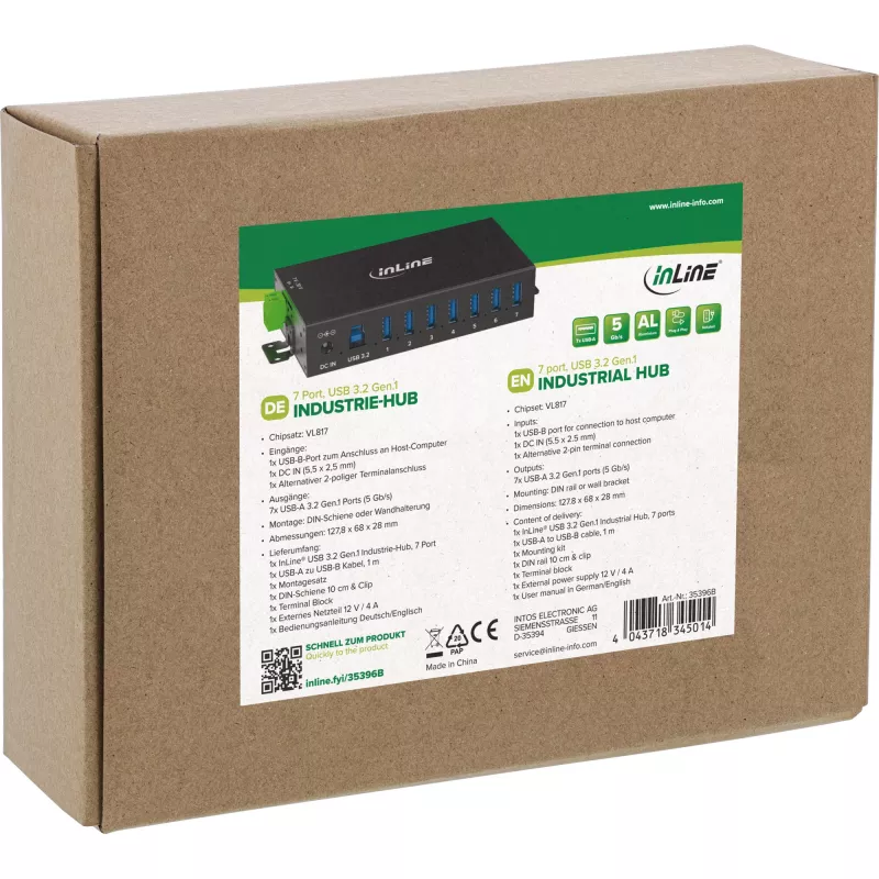 InLine 35396B pramoninis USB 3.2 Gen 1 šakotuvas, 7 prievadai, aliuminio korpusas, juodas