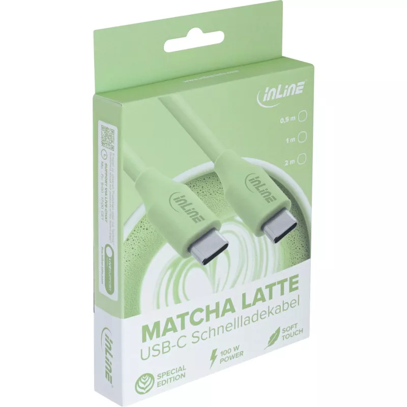 InLine 35892G greitojo įkrovimo USB-C laidas, USB 2.0, 480 Mbit/s, 100 W, silikoninis, 2 m, Matcha Latte žalias