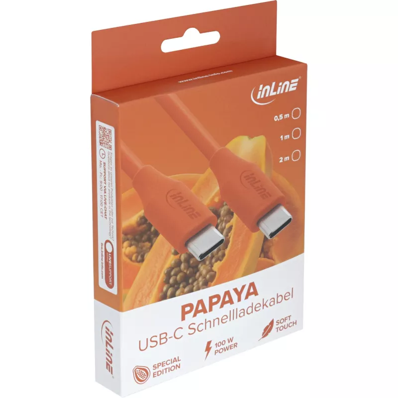 InLine 35895O greitojo įkrovimo USB-C laidas, USB 2.0, 480 Mbit/s, 100 W, silikoninis, 0,5 m, Papaya oranžinis