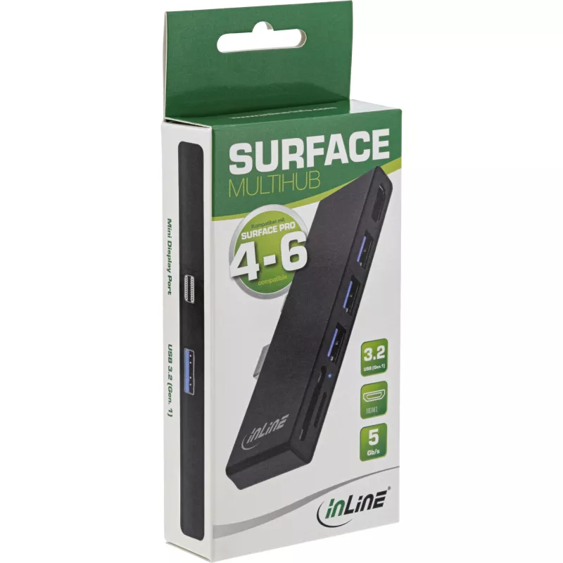 InLine 35393 MultiHub, skirtas Surface Pro 4/5/6, 3x USB-A 3.2 Gen 1, HDMI 4K, SD/microSD kortelių skaitytuvas, juodas