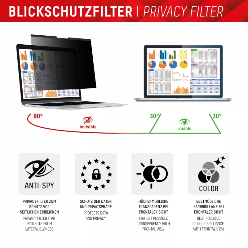Displex PRIVACY SAFE magnetinis 2 krypčių privatumo filtras nešiojamam kompiuteriui 13.3 colio (16:10), berėmis, blizgus/matinis, 5H