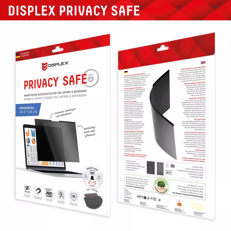 Displex PRIVACY SAFE magnetinis 2 krypčių privatumo filtras nešiojamam kompiuteriui 13.3 colio (16:10), berėmis, blizgus/matinis, 5H