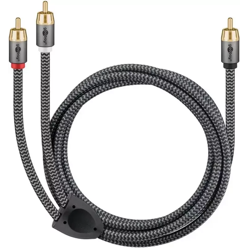 Garso kabelis WENTRONIC Goobay 65300 — 2 m, 2×RCA (male) – RCA (male), variniai laidai, auksuoti kontaktai, magnetinis ekranavimas