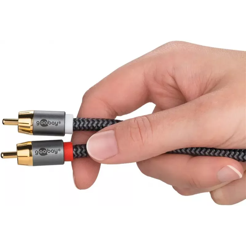Garso kabelis WENTRONIC Goobay 65300 — 2 m, 2×RCA (male) – RCA (male), variniai laidai, auksuoti kontaktai, magnetinis ekranavimas