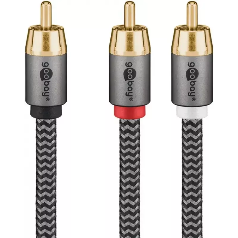 Garso kabelis WENTRONIC Goobay 65300 — 2 m, 2×RCA (male) – RCA (male), variniai laidai, auksuoti kontaktai, magnetinis ekranavimas