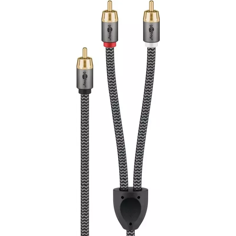 Garso kabelis WENTRONIC Goobay 65300 — 2 m, 2×RCA (male) – RCA (male), variniai laidai, auksuoti kontaktai, magnetinis ekranavimas