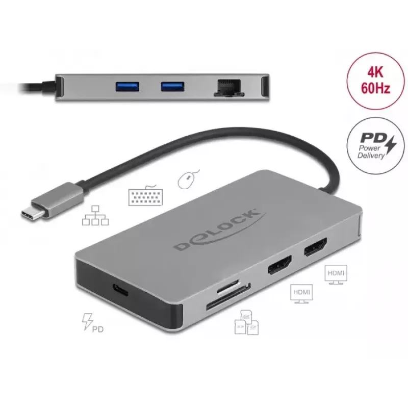 DeLOCK USB Type-C dokavimo stotelė 4K Dual HDMI MST USB 3.2 SD LAN PD 3.0