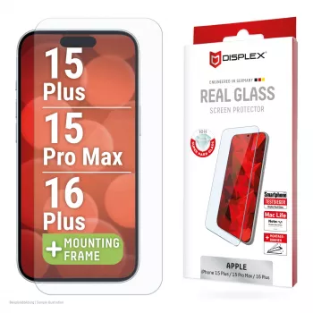 Displex apsauginis stiklas (10H), skirtas Apple iPhone 15 Plus/15 Pro Max/16 Plus, Eco montavimo rėmelis, atsparus įbrėžimams