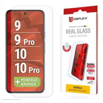 Displex Screen Protector (10H), apsauginis stiklas Google Pixel 9, Pixel 9 Pro, Pixel 10, Pixel 10 Pro, su Eco montavimo rėmeliu, atsparus įbrėžimams