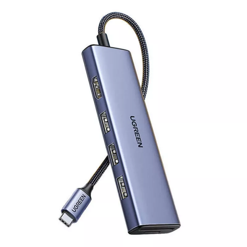 UGREEN 20956A Revodok CM511 USB-C šakotuvas 6 viename, HDMI, 3x USB-A 3.0, SD/TF, 5 Gbps, sidabrinės spalvos