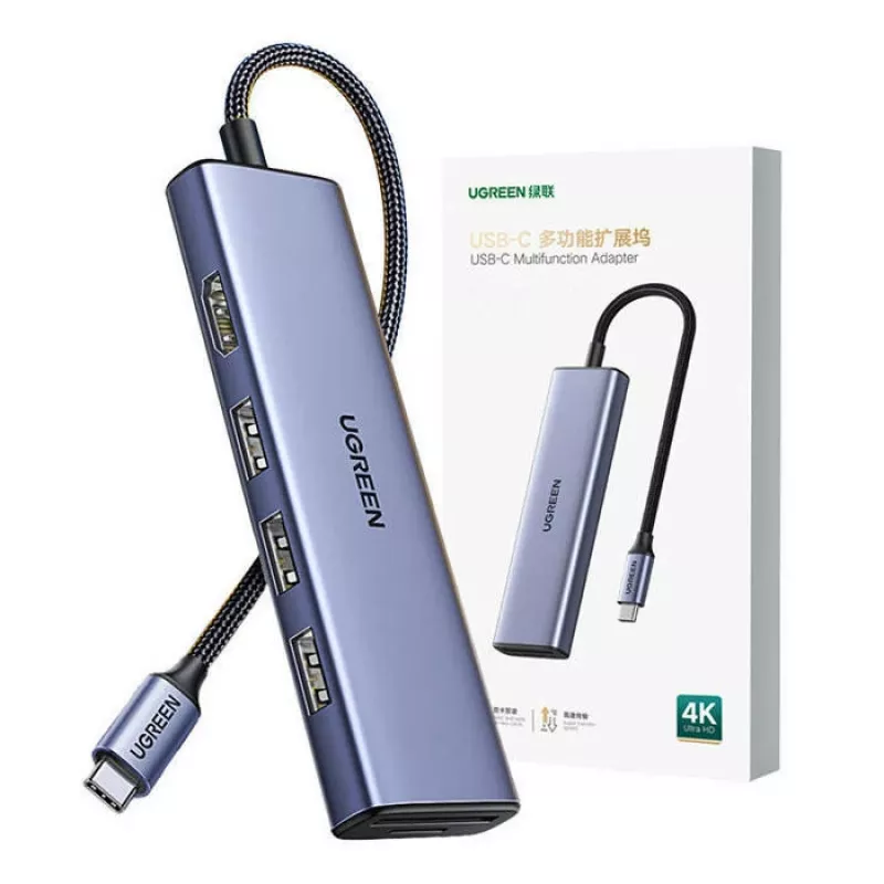 UGREEN 20956A Revodok CM511 USB-C šakotuvas 6 viename, HDMI, 3x USB-A 3.0, SD/TF, 5 Gbps, sidabrinės spalvos