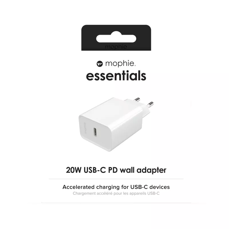 mophie essentials 20W USB-C PD sieninis adapteris Universal White AC greitasis įkrovimas