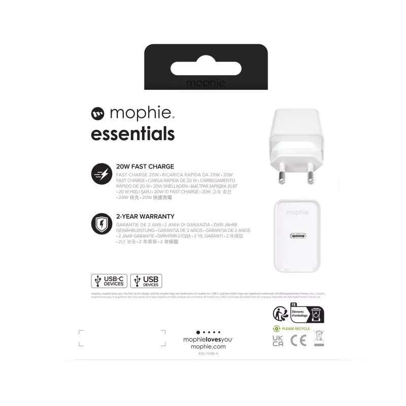 mophie essentials 20W USB-C PD sieninis adapteris Universal White AC greitasis įkrovimas