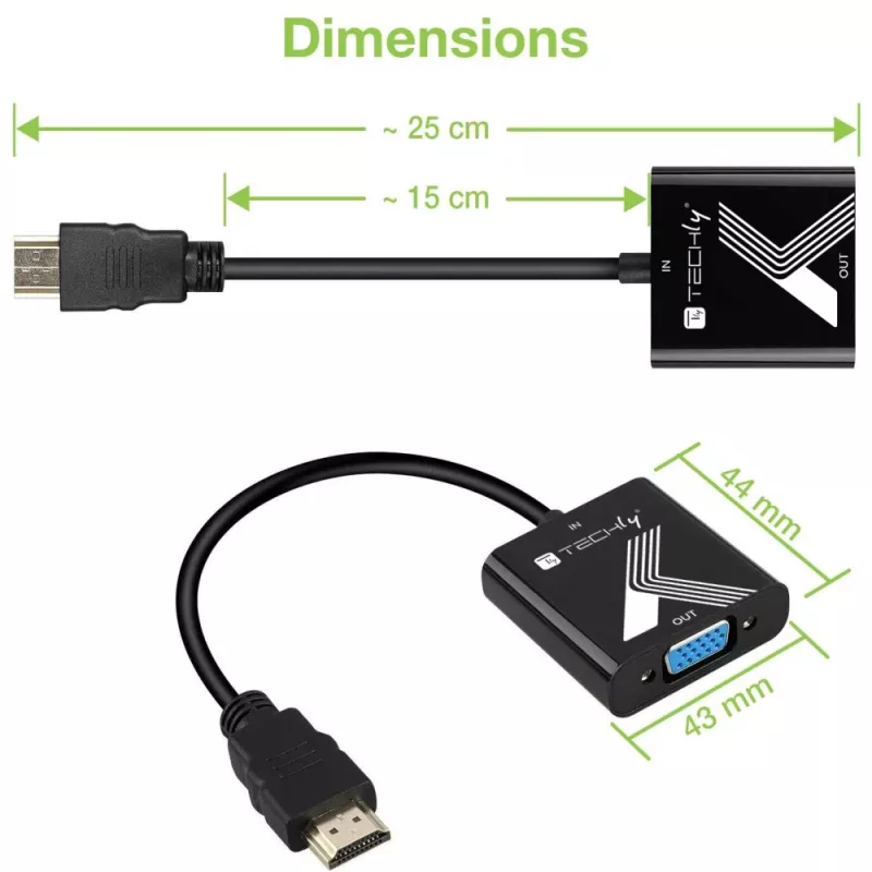 Techly HDMI į VGA adapteris, juodas, 0,1 m, 1920x1200, 60 Hz