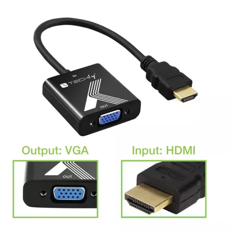 Techly HDMI į VGA adapteris, juodas, 0,1 m, 1920x1200, 60 Hz