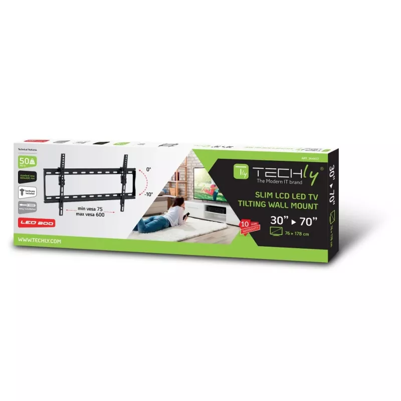 Techly ICA-PLB 261L TV laikiklis sieninis 177.8 cm (70 col.) juodas