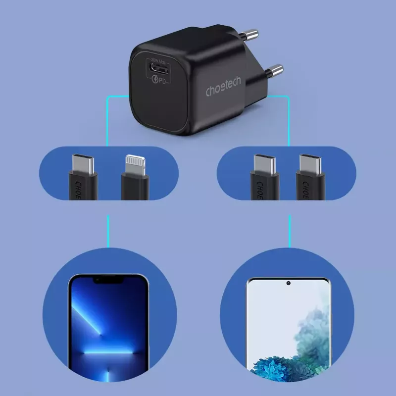 Įkroviklis CHOETECH PD5007 30W USB-C Power Delivery greitas įkrovimas telefonams ir planšetėms