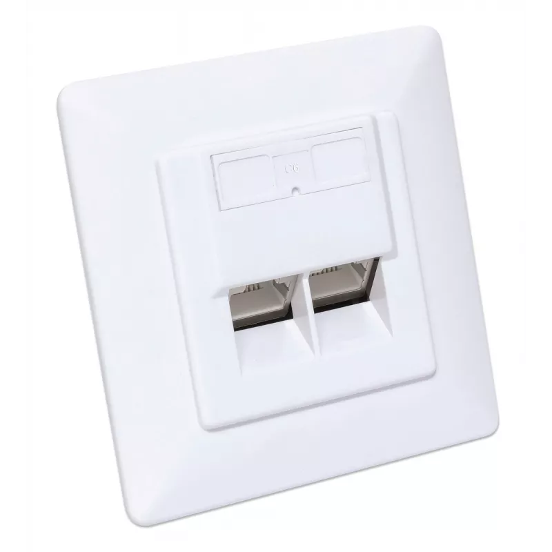 Intellinet 2 prievadų Cat6 10G ekranuota RJ45 sieninė plokštė su dangteliu, STP, signalinė balta RAL9003