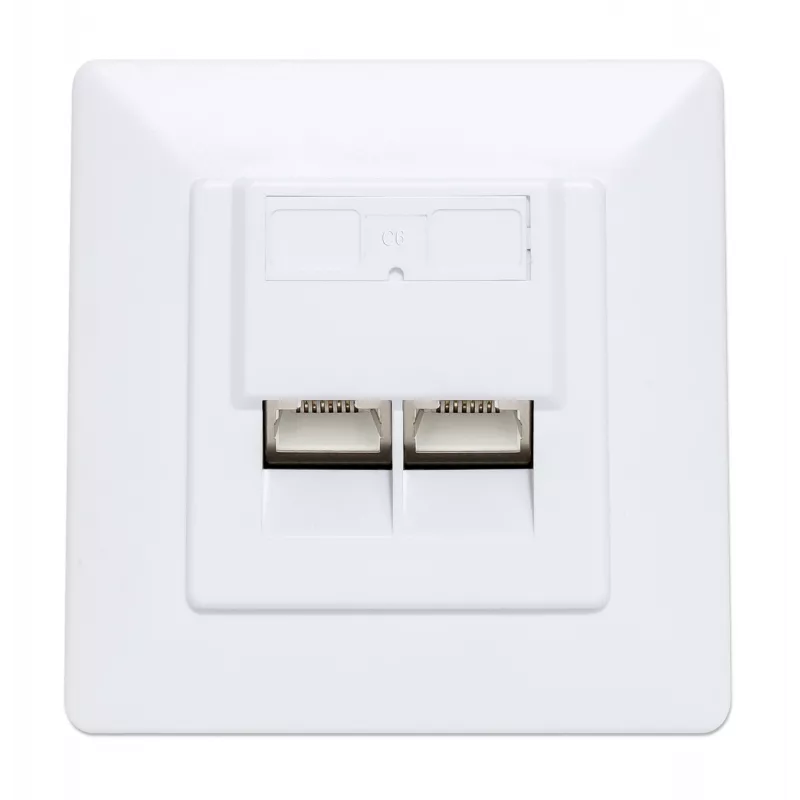 Intellinet 2 prievadų Cat6 10G ekranuota RJ45 sieninė plokštė su dangteliu, STP, signalinė balta RAL9003