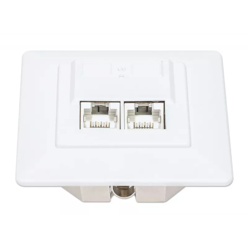 Intellinet 2 prievadų Cat6 10G ekranuota RJ45 sieninė plokštė su dangteliu, STP, signalinė balta RAL9003