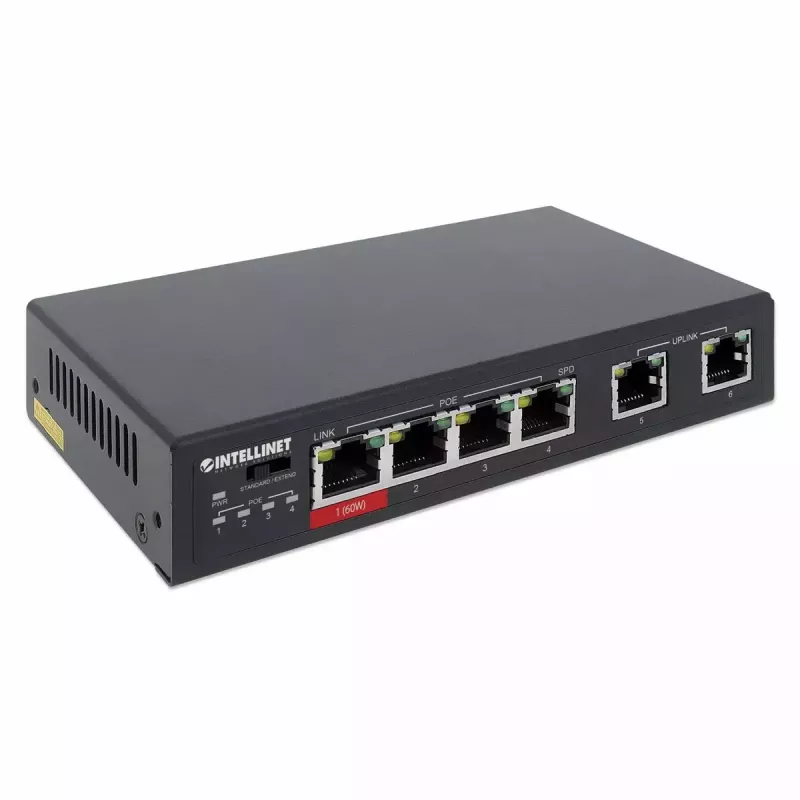 Intellinet 6 prievadų Fast Ethernet komutatorius su 4 PoE prievadais, 65 W galios biudžetas