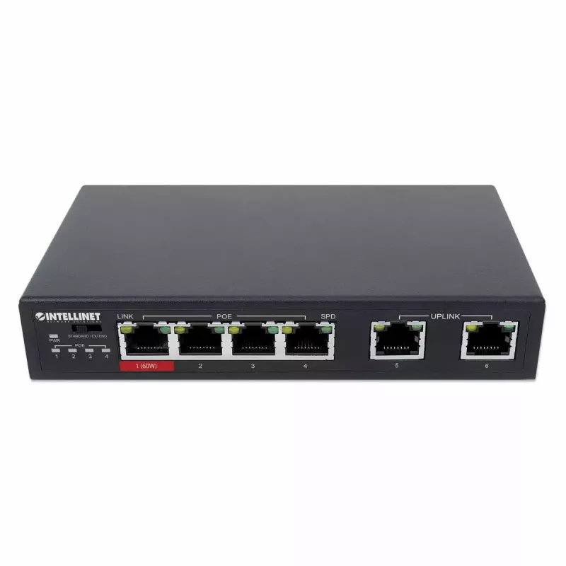 Intellinet 6 prievadų Fast Ethernet komutatorius su 4 PoE prievadais, 65 W galios biudžetas