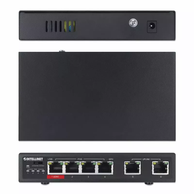 Intellinet 6 prievadų Fast Ethernet komutatorius su 4 PoE prievadais, 65 W galios biudžetas