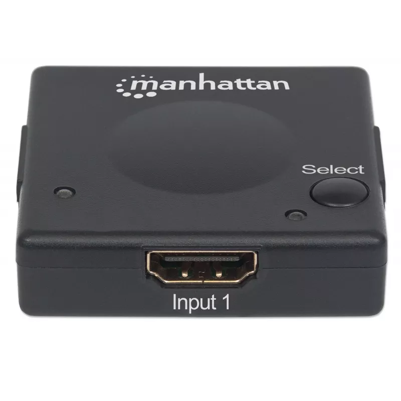 Manhattan HDMI jungiklis 2 prievadai, 1080p, jungia 2x HDMI šaltinius prie 1x ekrano, automatinis ir rankinis perjungimas (mygtuku), nereikalingas išorinis maitinimas, juodas, trejų metų garantija