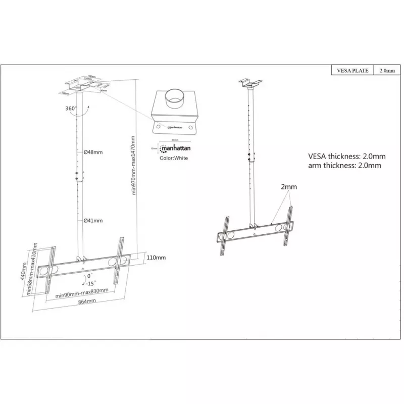 Manhattan lubinis laikiklis televizoriui ir monitoriui, 37–75 colių, reguliuojamas aukštis 105–156 cm, VESA 200x200–800x400 mm, max 50 kg, juodas