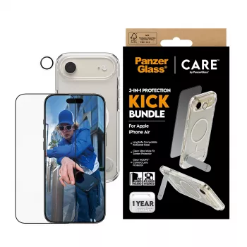 Apsaugos rinkinys PanzerGlass CARE 3-in-1 Feature Kick, skirtas iPhone Air — grūdintas stiklas, PET, silikonas, permatomas