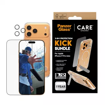 PanzerGlass CARE 3-in-1 Feature Kick apsauginis rinkinys iPhone 17 Pro Max – grūdintas stiklas, PET, silikonas, permatomas