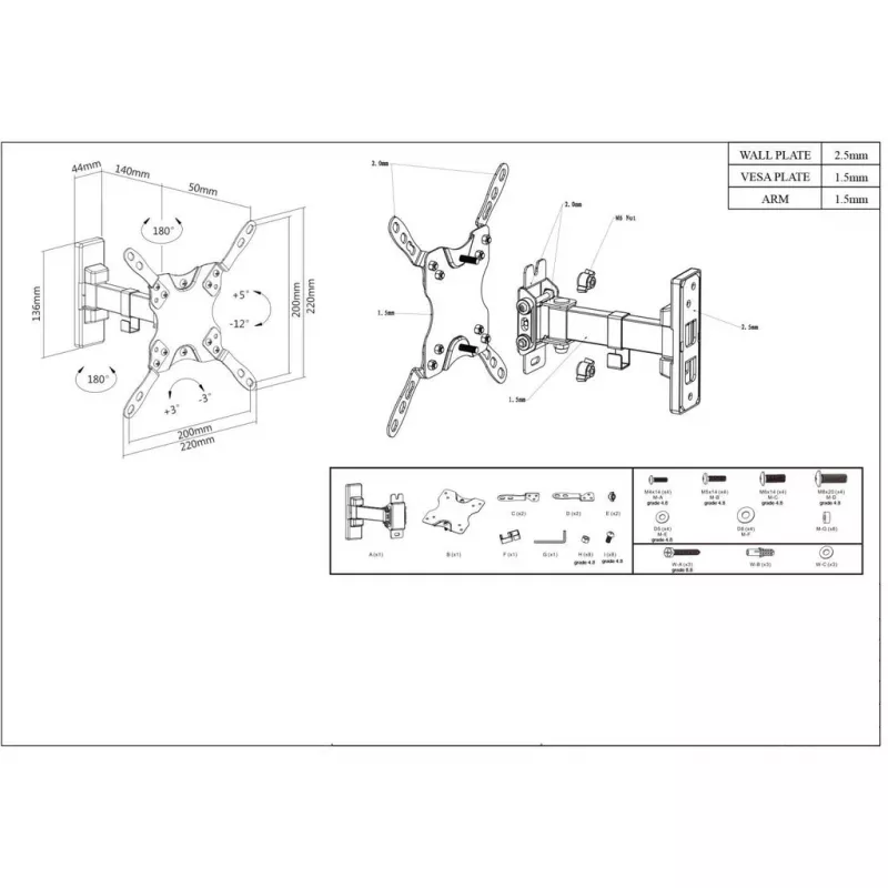 Manhattan sieninis laikiklis televizoriui ir monitoriui (pasukamas ir pakreipiamas, 2 vyriai), 13 inch–42 inch, VESA 75×75–200×200 mm, max 20 kg