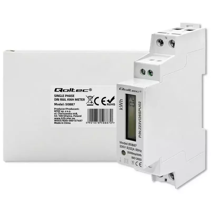 Vienfazis elektros energijos skaitiklis QOLTEC 50887 1 fazė 230 V LCD plonas