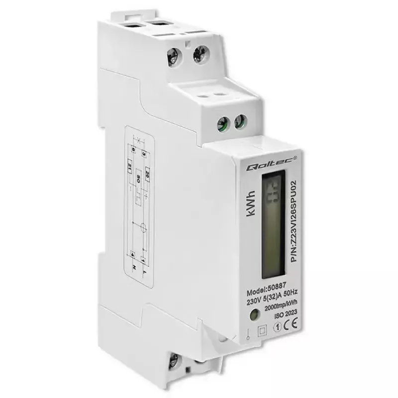Vienfazis elektros energijos skaitiklis QOLTEC 50887 1 fazė 230 V LCD plonas
