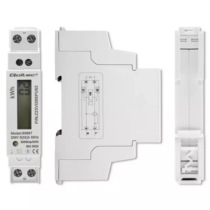 Vienfazis elektros energijos skaitiklis QOLTEC 50887 1 fazė 230 V LCD plonas