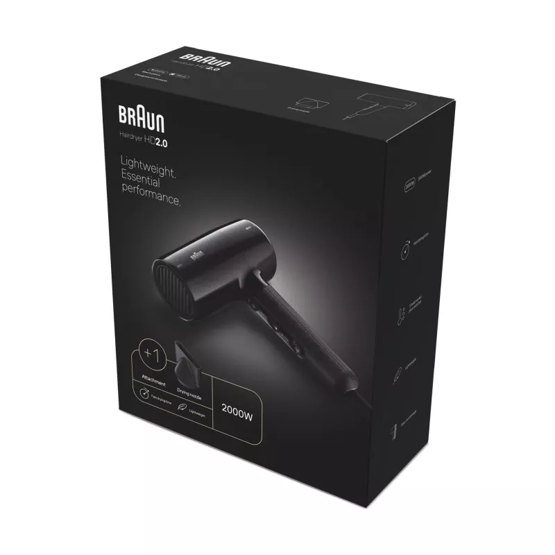 Braun HD2.0 BRHD200E plaukų džiovintuvas (2000 W, 3 šilumos lygiai, šalto oro srovė, 1,95 m laidas), juodas