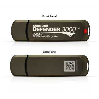 Kanguru Defender 3000™ SuperSpeed USB 3.0 64 GB saugi atmintinė su FIPS 140-2 Level 3 sertifikatu ir AES-XTS 256 bitų aparatūriniu šifravimu