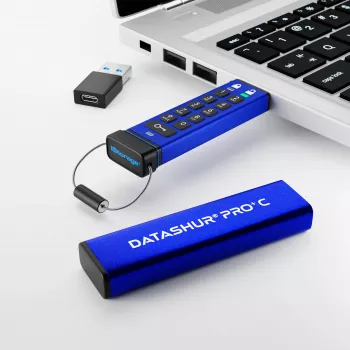 iStorage datAshur PRO+C 128GB | FIPS 140-3 Level 3 sertifikuota | Saugus USB Type-C atmintukas | AES-XTS 256 bitų aparatinė šifravimas | Apsaugotas PIN kodu | Pridedamas Type C-A adapteris