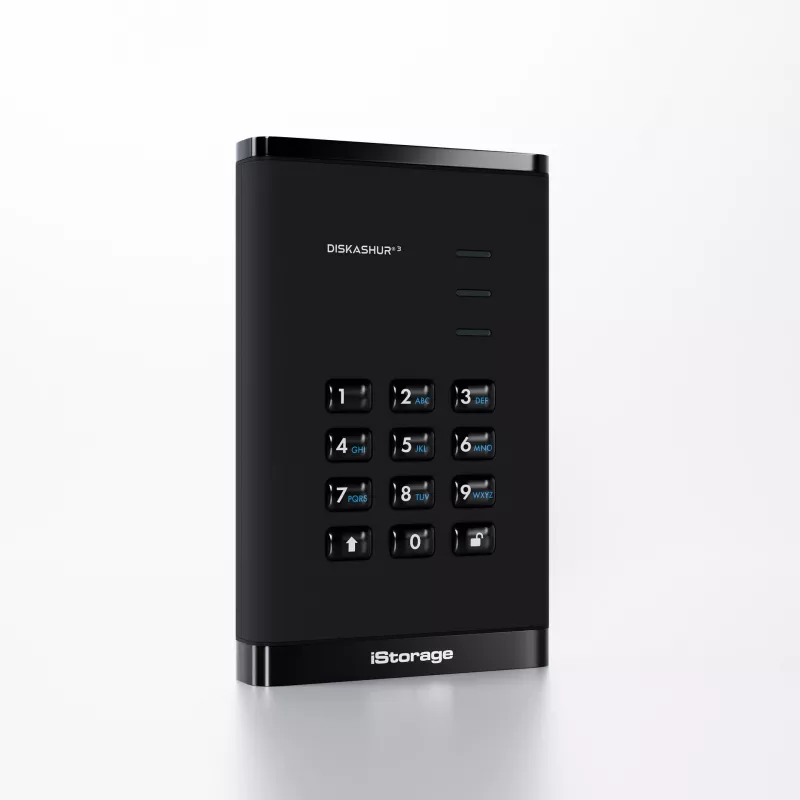 iStorage diskAshur³ 2TB juoda | Nešiojamas saugus kietasis diskas | FIPS 140-3 Level 3 atitikimas | Common Criteria EAL 5+ | PIN apsauga | AES-XTS 256 bitų aparatinė šifravimas | GDPR, TAA atitikimas | Atsparus dulkėms ir vandeniui