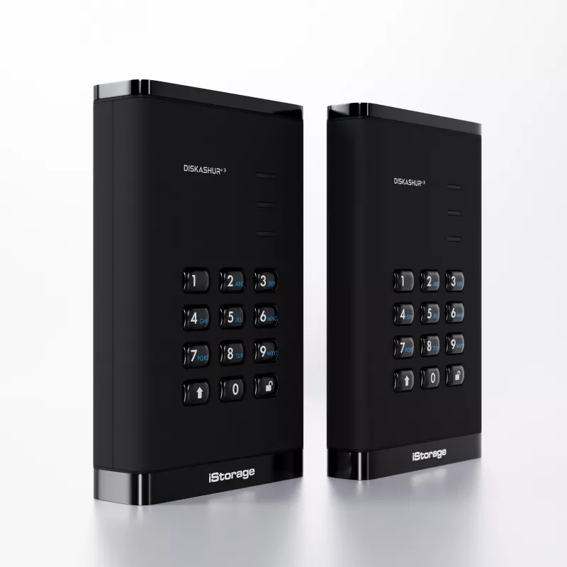 iStorage diskAshur³ 2TB juoda | Nešiojamas saugus kietasis diskas | FIPS 140-3 Level 3 atitikimas | Common Criteria EAL 5+ | PIN apsauga | AES-XTS 256 bitų aparatinė šifravimas | GDPR, TAA atitikimas | Atsparus dulkėms ir vandeniui