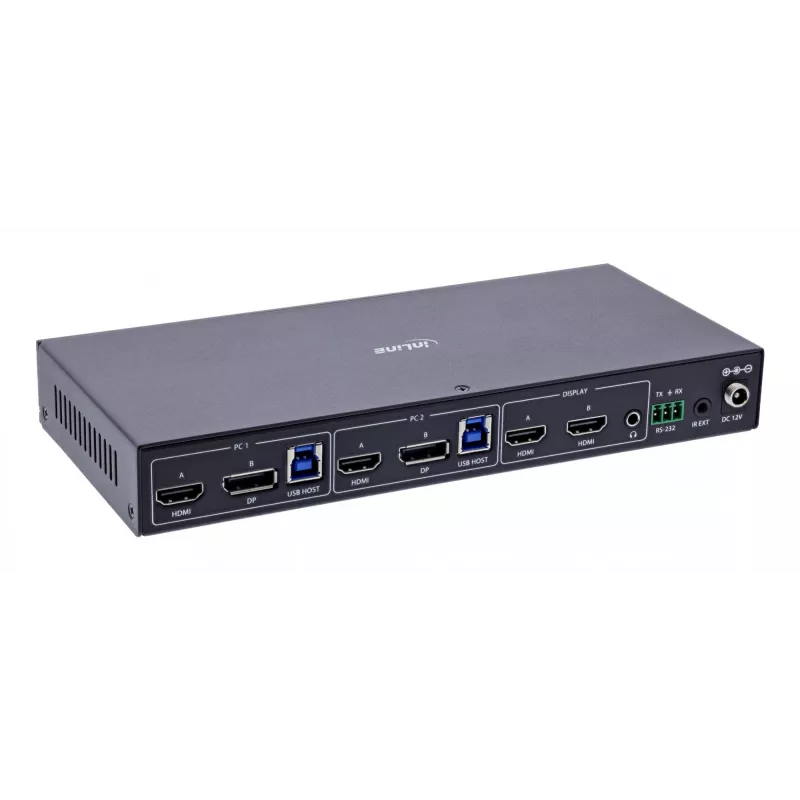 InLine 57885G InLine KVM perjungiklis, 2 kanalų, HDMI ir DP, dviejų monitorių, 4K60Hz, USB šakotuvas, juodas