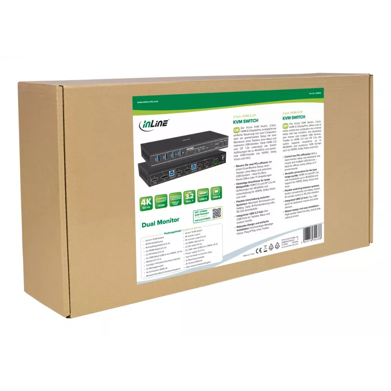 InLine 57885G InLine KVM perjungiklis, 2 kanalų, HDMI ir DP, dviejų monitorių, 4K60Hz, USB šakotuvas, juodas