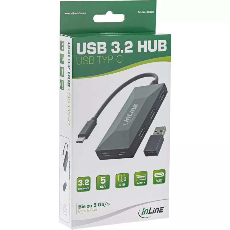 InLine USB 3.2 Gen.1 šakotuvas, USB-C į 2x USB-C ir 3x USB-A, be maitinimo šaltinio