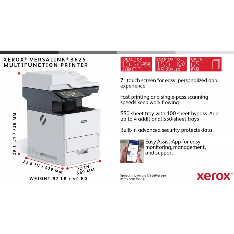 Xerox VersaLink B625 A4 61ppm Dvipusis Spausdinimas/Kopijavimas/Skaitmeninimas/Faksas PS3 PCL5e/6 2 Dėklai 650 Lapų