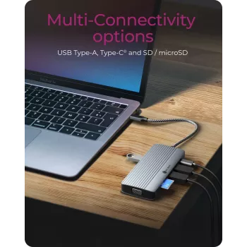 Dokų stotelė ICY BOX IB-DK4040a-CPD — 10-1 USB-C, HDMI 4K60Hz, VGA, 3×USB-A, Gigabit LAN, PD 100W, SD/MicroSD, aliuminis
